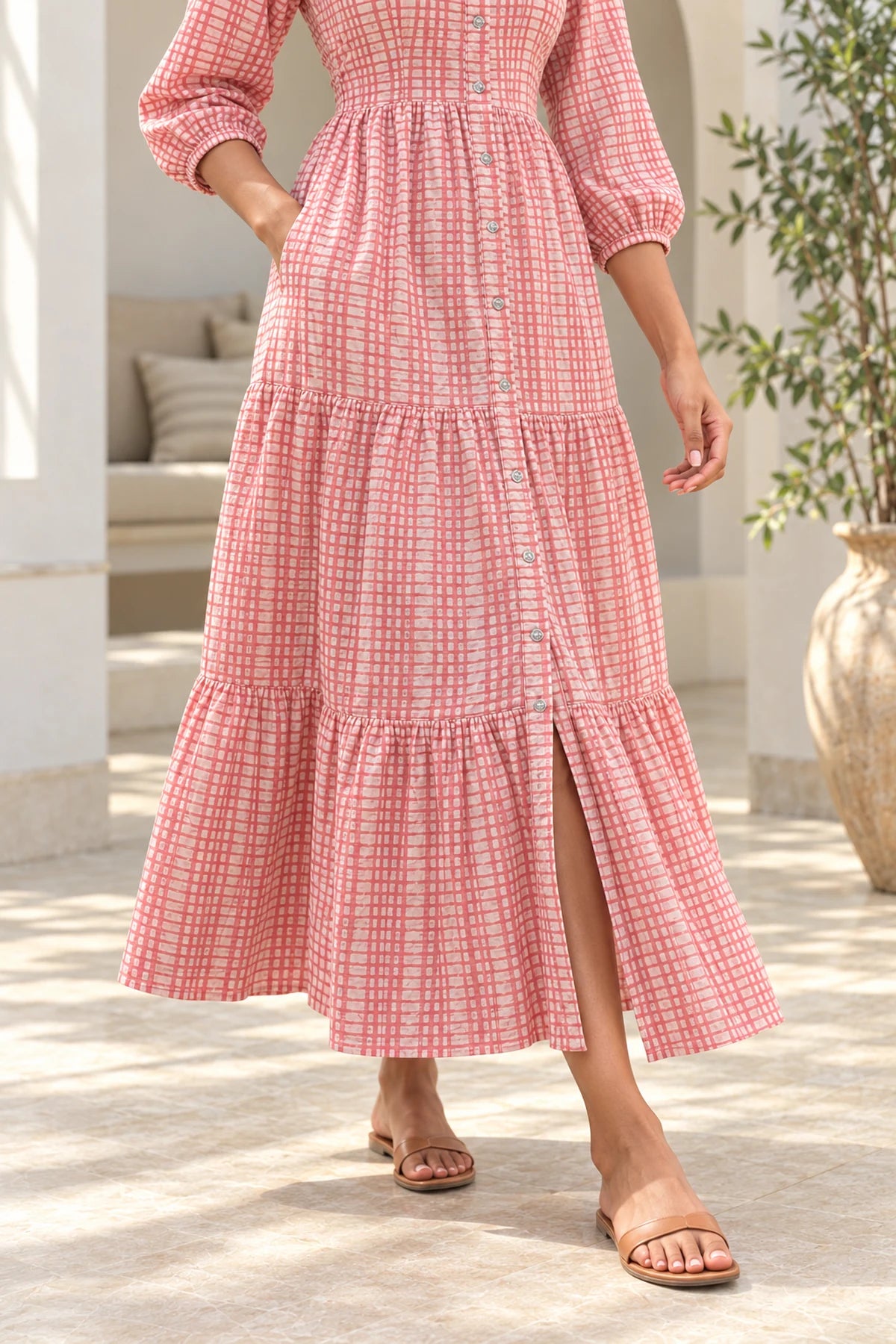 Miss Rose batik dress tiered skirt detail with side pocket and button-front slit