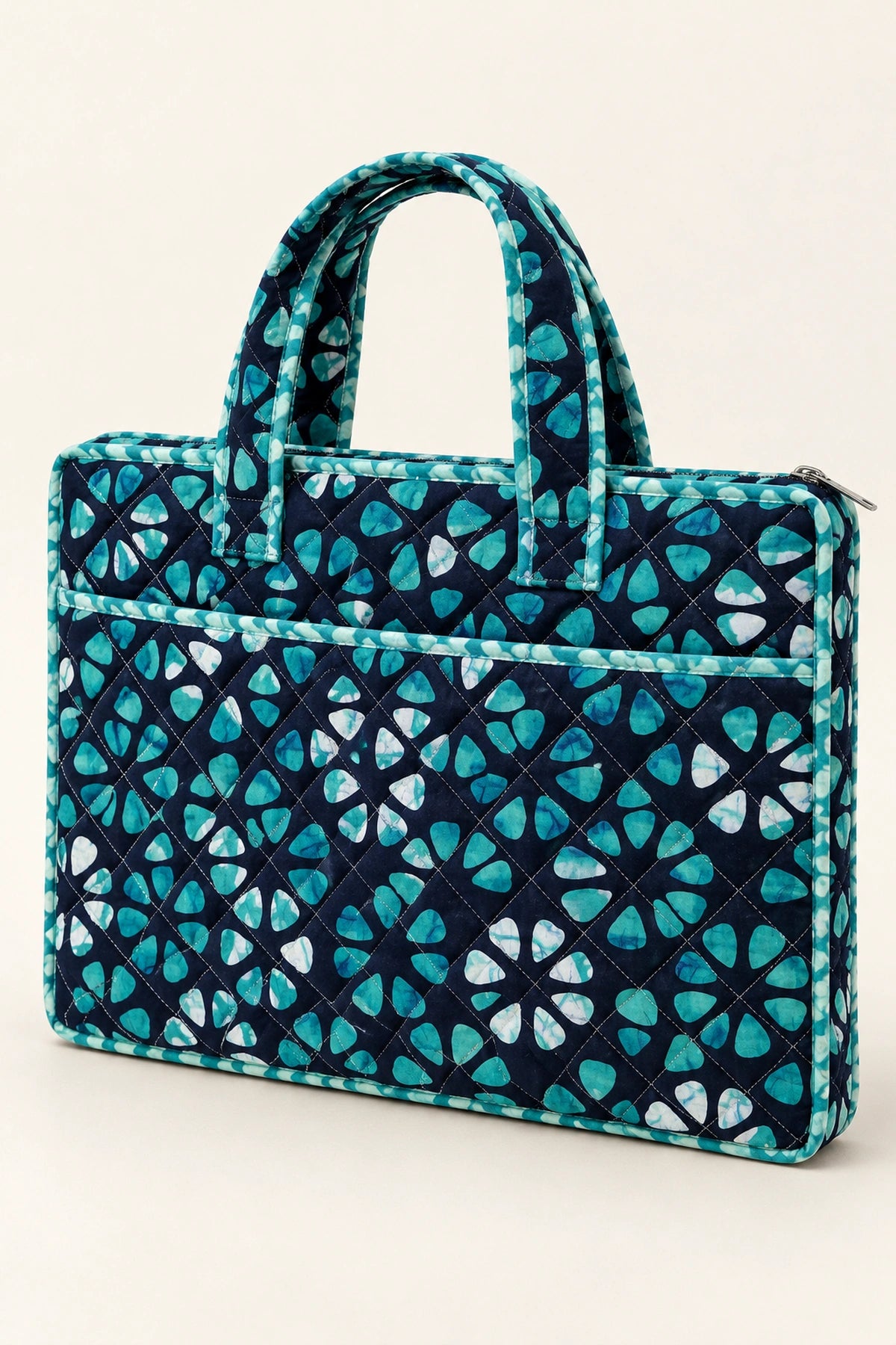 Quilted Batik Laptop Bag in Navy Turquoise Floral print – front view | Shades of You