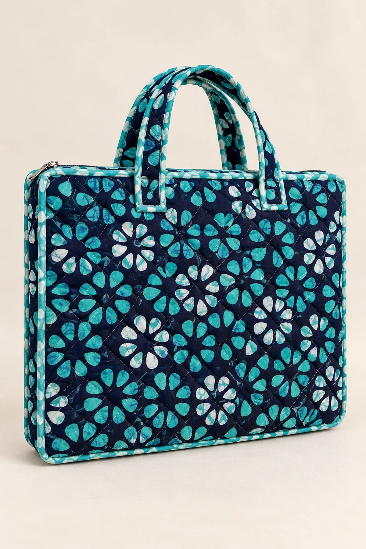 Quilted Batik Laptop Bag in Navy Turquoise Floral print – back view | Shades of You