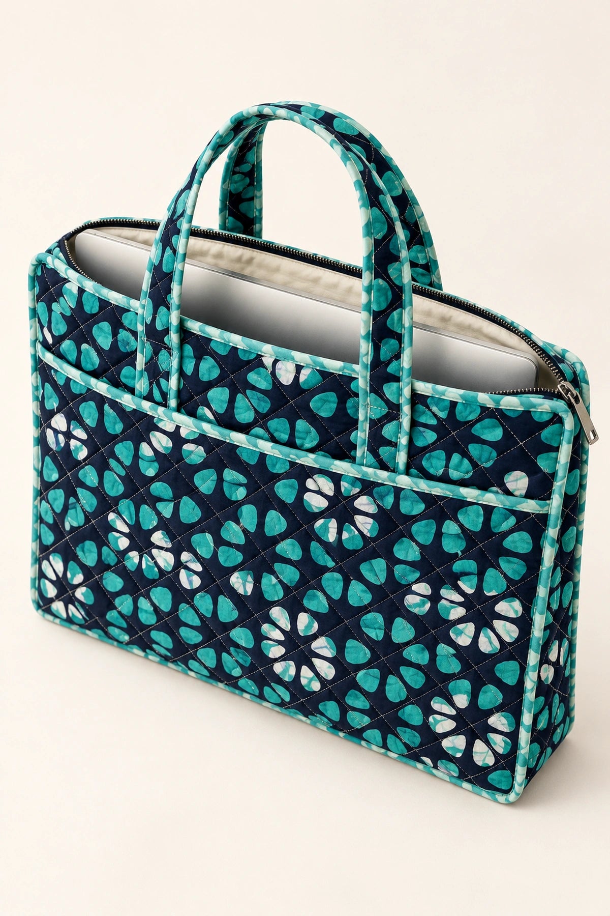 Quilted Batik Laptop Bag in Navy Turquoise Floral print – open, showing the lined interior | Shades of You