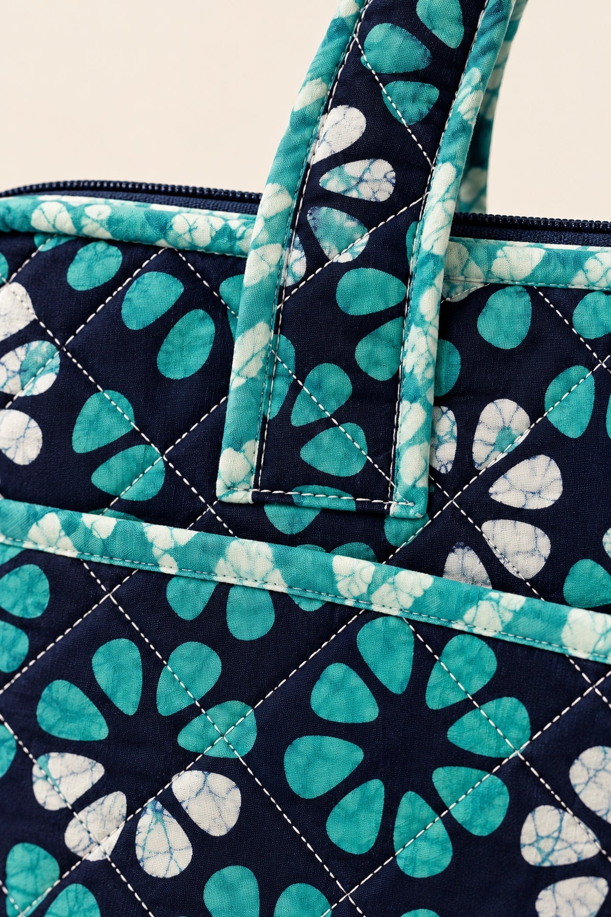 Quilted Batik Laptop Bag in Navy Turquoise Floral print – close-up of zip and quilted batik | Shades of You