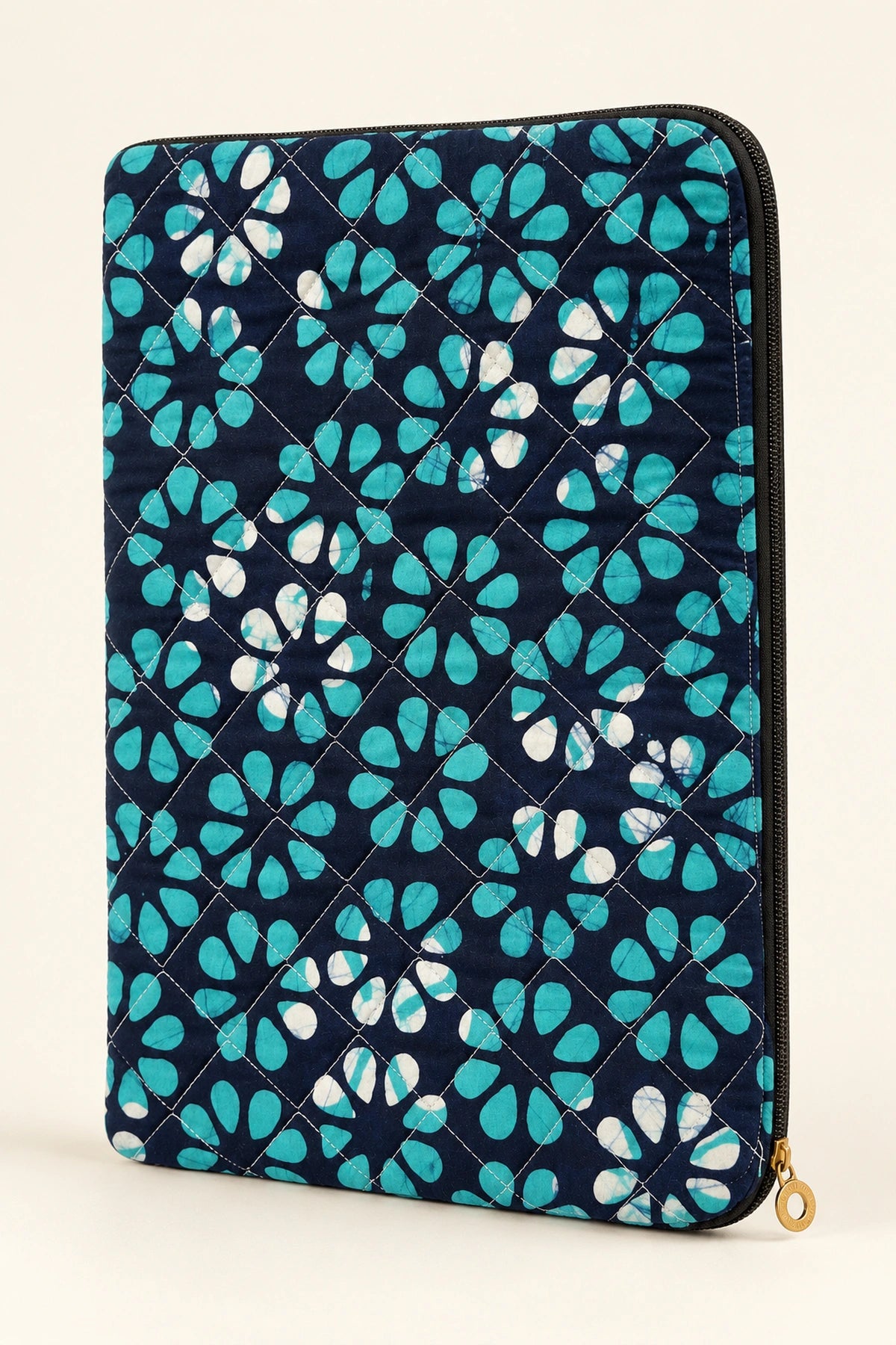Quilted Batik Laptop Sleeve in Navy Turquoise Floral print – front view | Shades of You