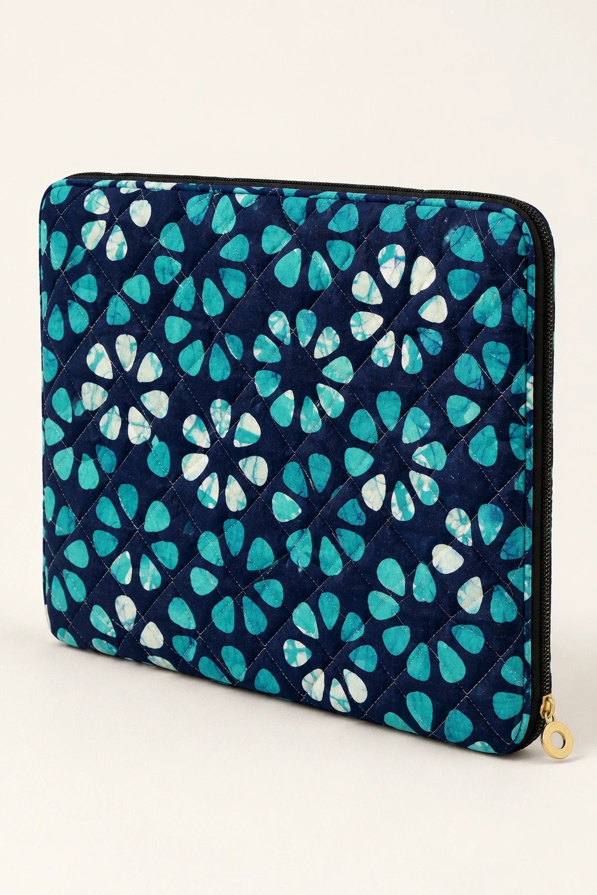 Quilted Batik Laptop Sleeve in Navy Turquoise Floral print – back view | Shades of You
