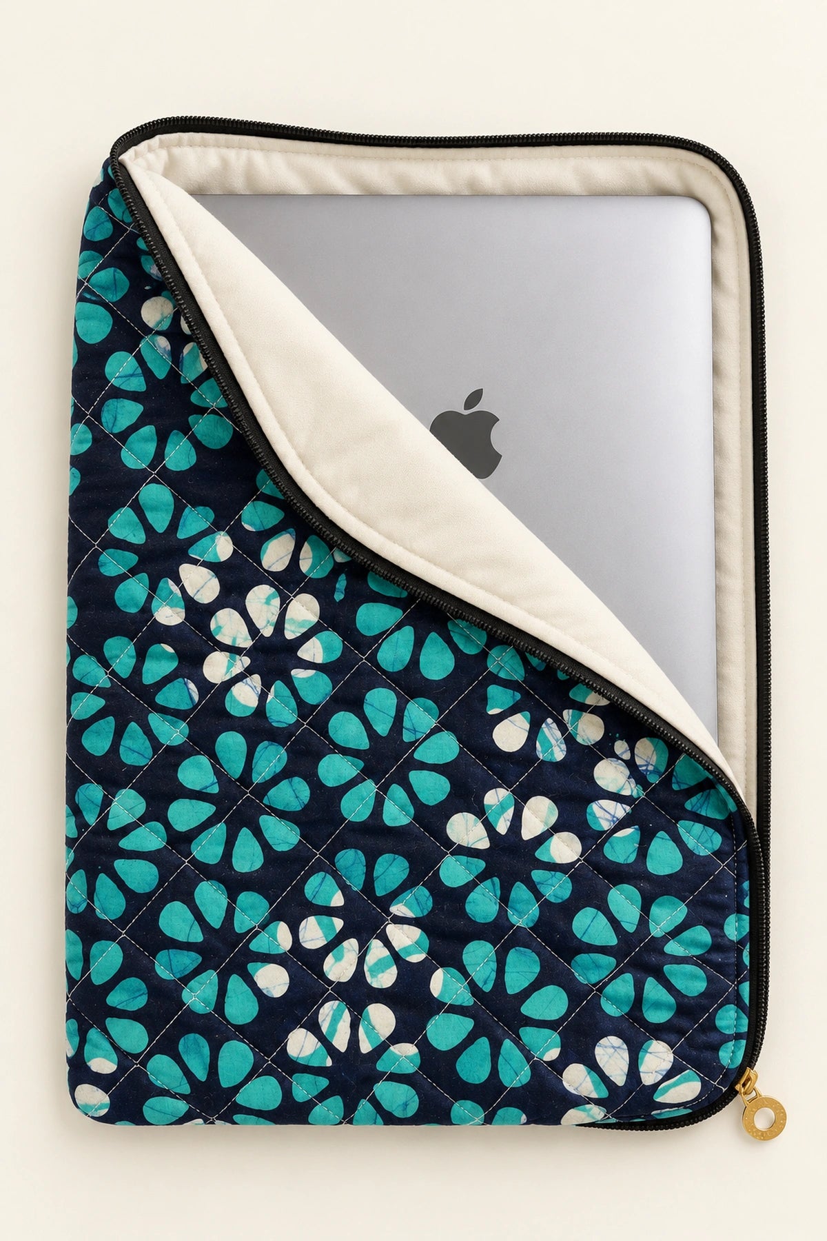 Quilted Batik Laptop Sleeve in Navy Turquoise Floral print – open, showing the lined interior | Shades of You