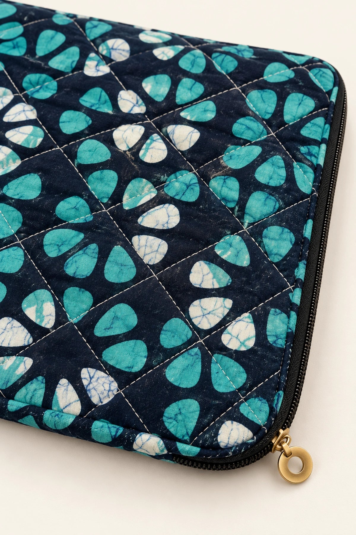 Quilted Batik Laptop Sleeve in Navy Turquoise Floral print – close-up of zip and quilted batik | Shades of You