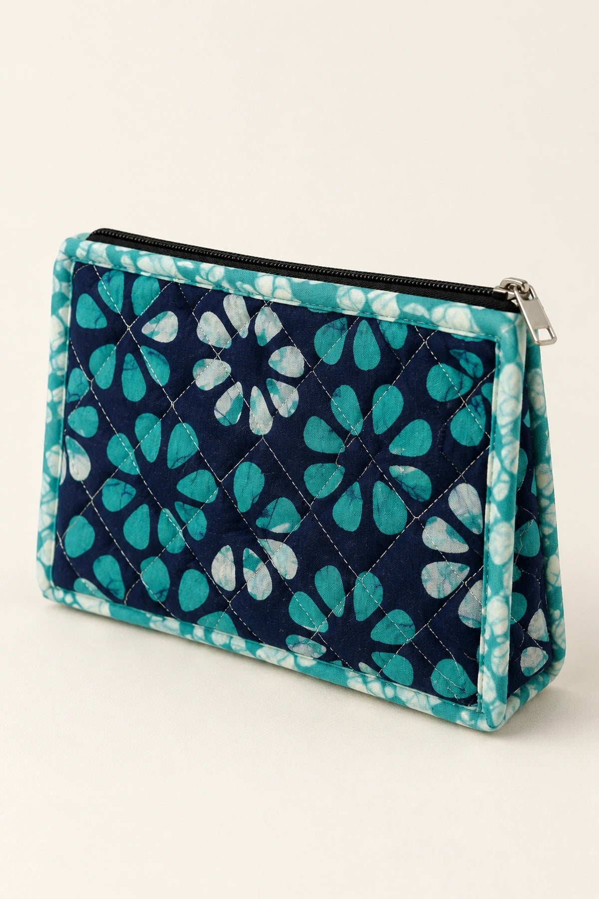 Quilted Batik Small Pouch in Navy Turquoise Floral print – back view | Shades of You