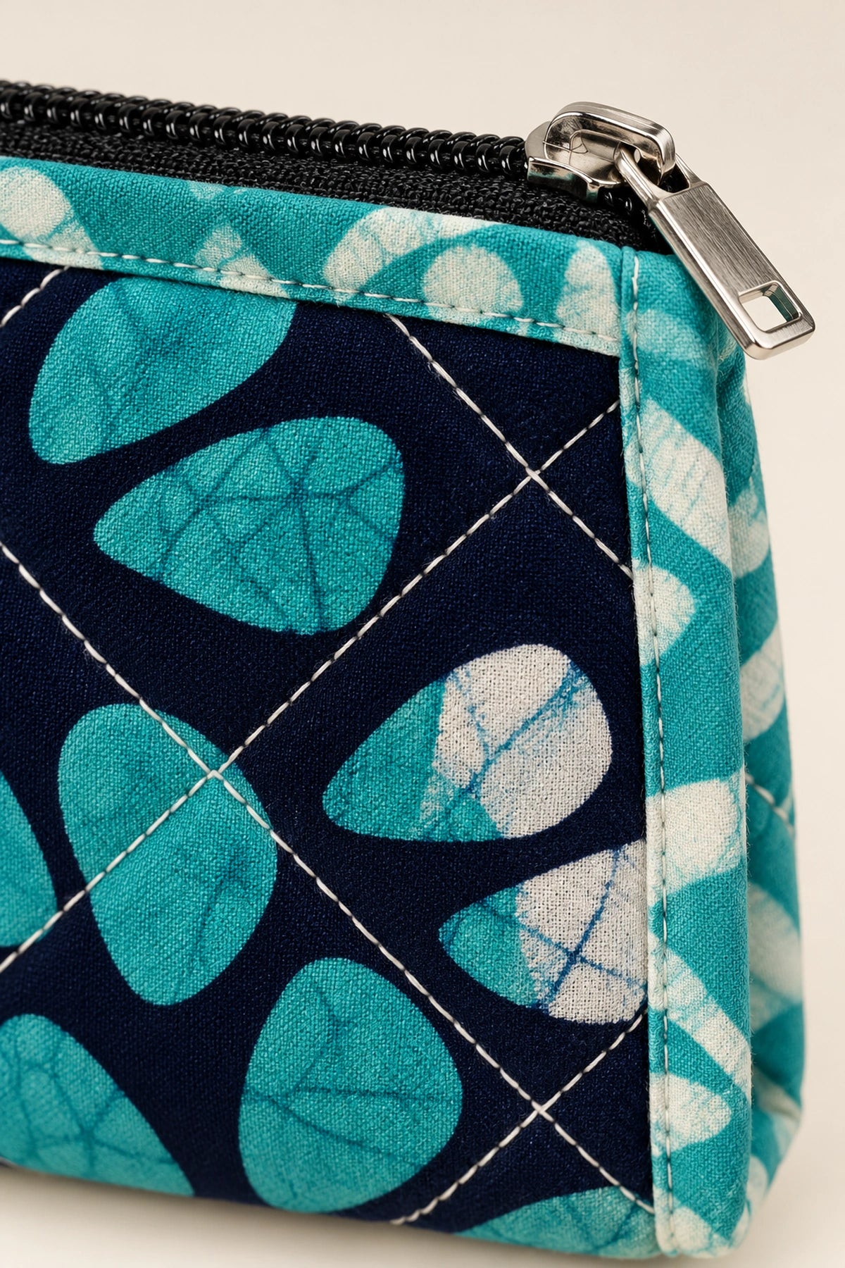 Quilted Batik Small Pouch in Navy Turquoise Floral print – close-up of zip and quilted batik | Shades of You