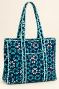 Navy Turquoise Floral Quilted Batik Tote Bag