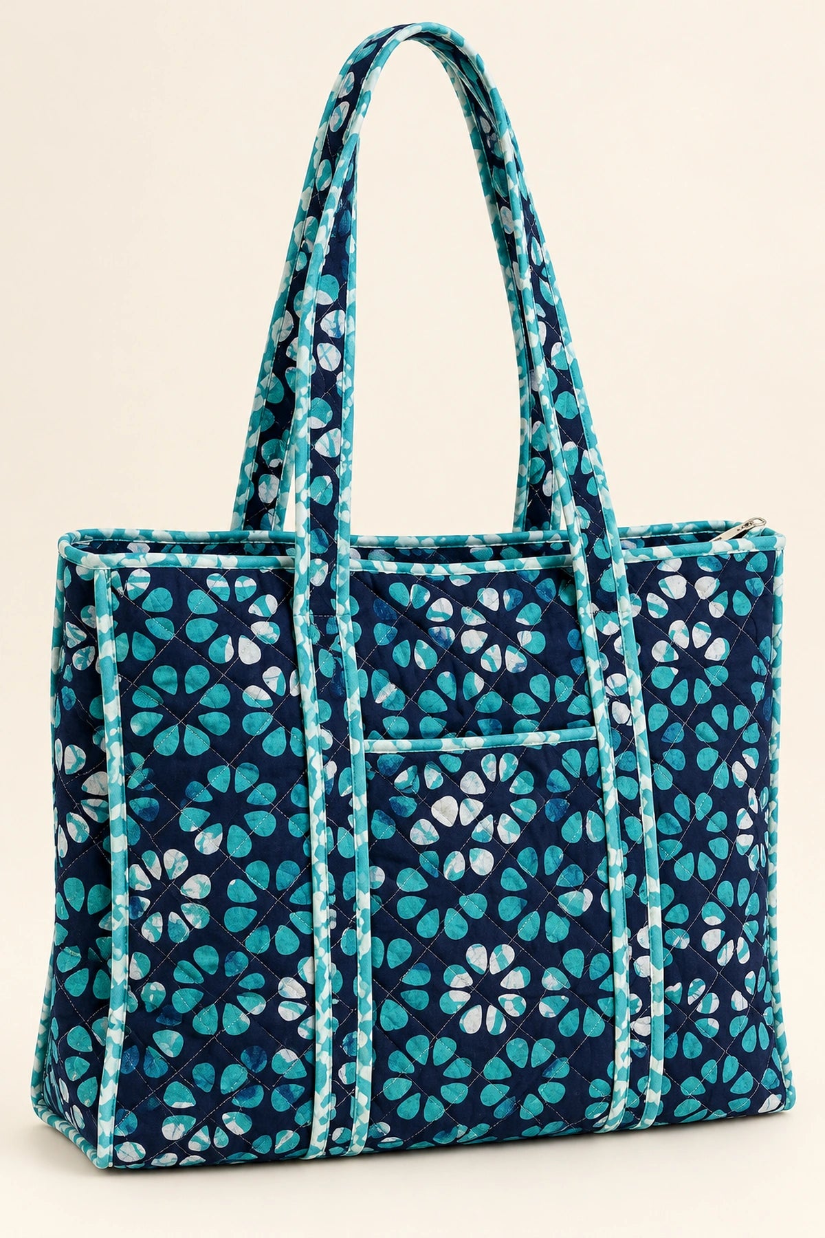Quilted Batik Tote Bag in Navy Turquoise Floral print – front view | Shades of You