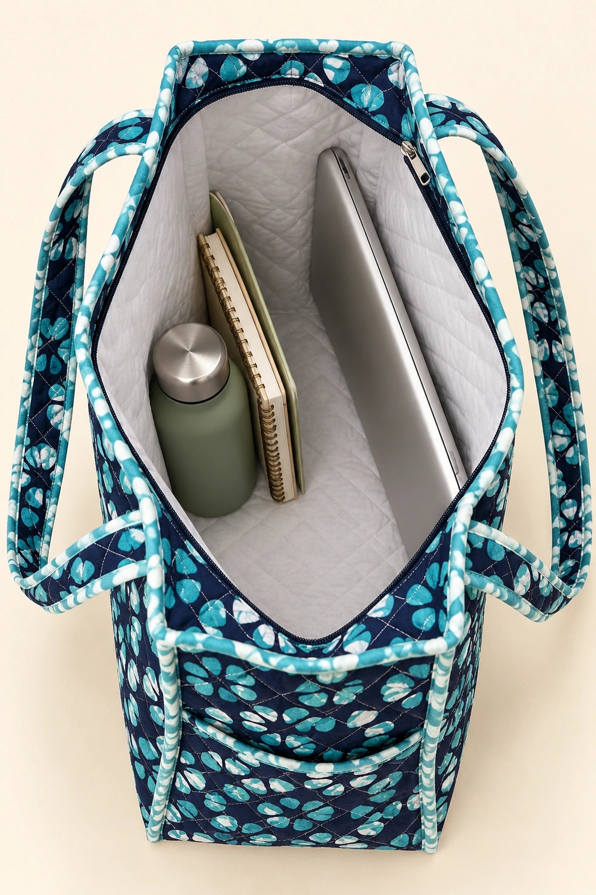 Quilted Batik Tote Bag in Navy Turquoise Floral print – open, showing the lined interior | Shades of You