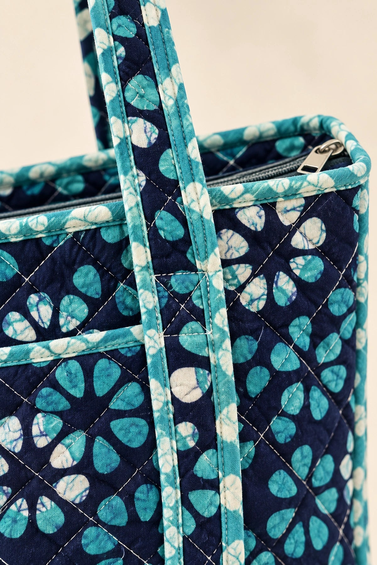 Quilted Batik Tote Bag in Navy Turquoise Floral print – close-up of zip and quilted batik | Shades of You