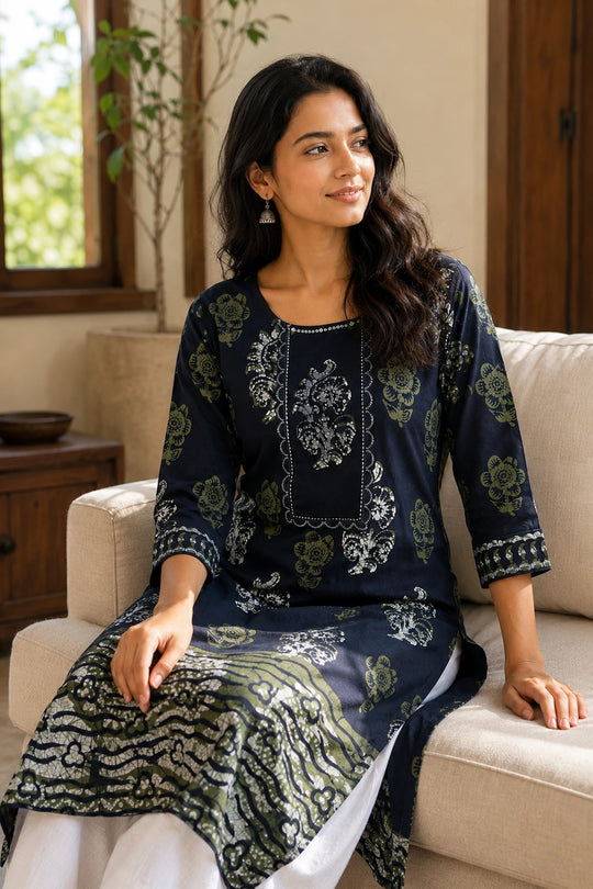 Navy Batik Multiprint Kurta