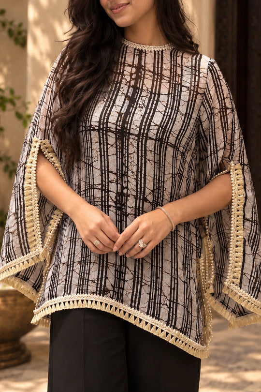 Noir Silk Batik Cape Tunic – batik print fabric detail | handcrafted batik ethnic wear for women | Shades of You