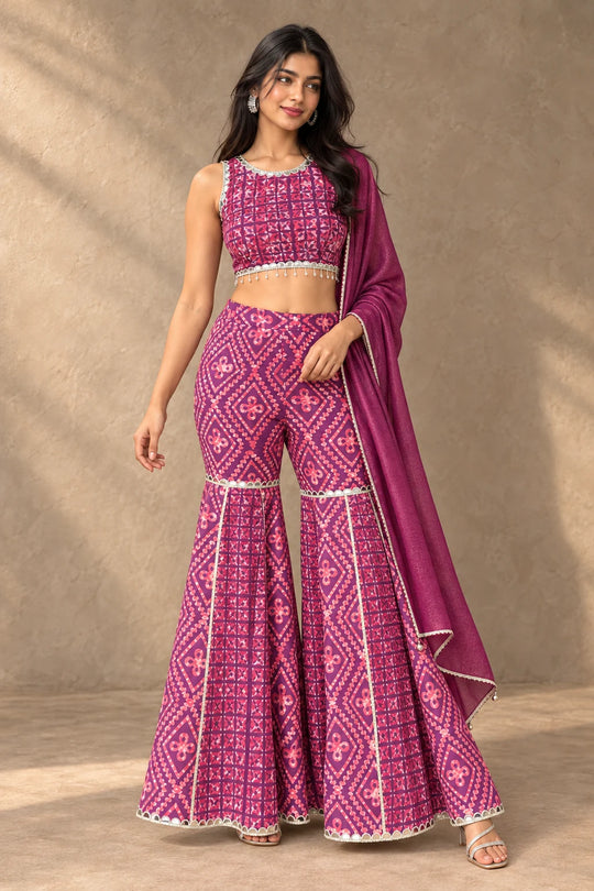 Patakha Batik Mirror Work Gharara Set – front view with dupatta draped over the shoulder | handcrafted batik ethnic wear for women | Shades of You