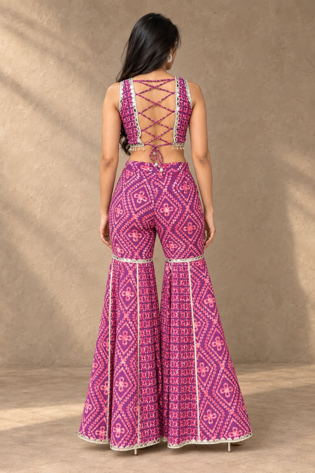 Patakha Batik Mirror Work Gharara Set – back view with lace-up tie | handcrafted batik ethnic wear for women | Shades of You