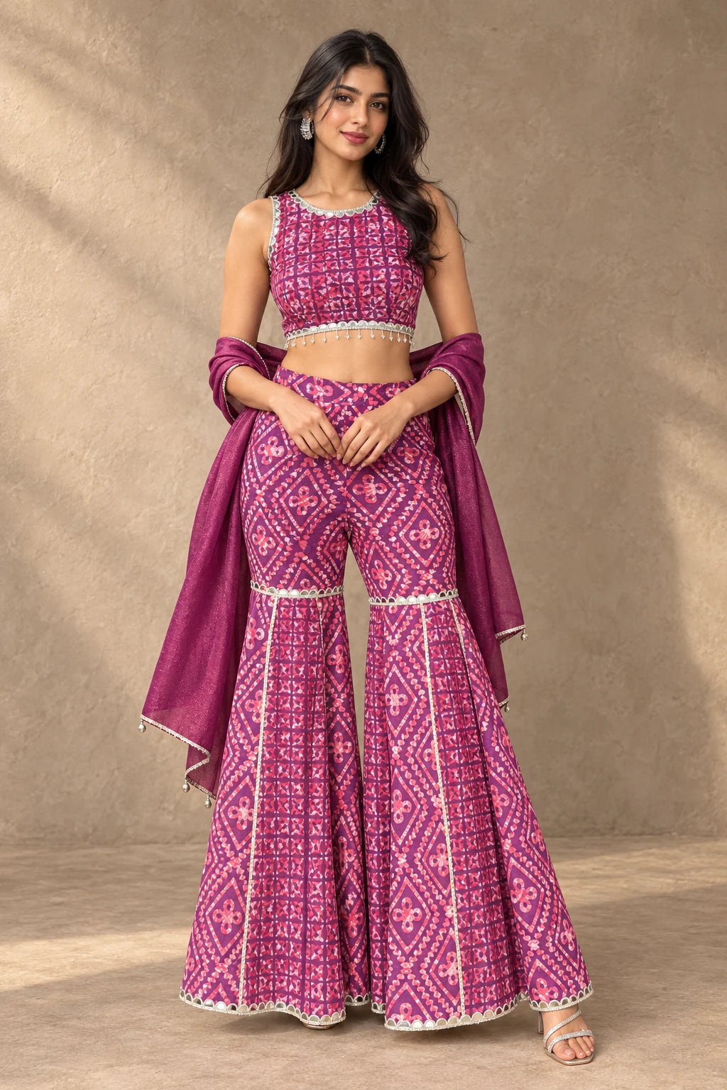 Patakha Batik Mirror Work Gharara Set – front view with dupatta around the arms | handcrafted batik ethnic wear for women | Shades of You