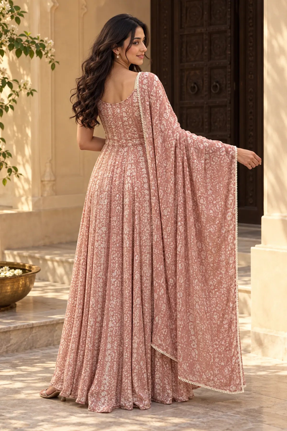 Peach Blossom Batik Anarkali Set – back view | handcrafted batik ethnic wear for women | Shades of You