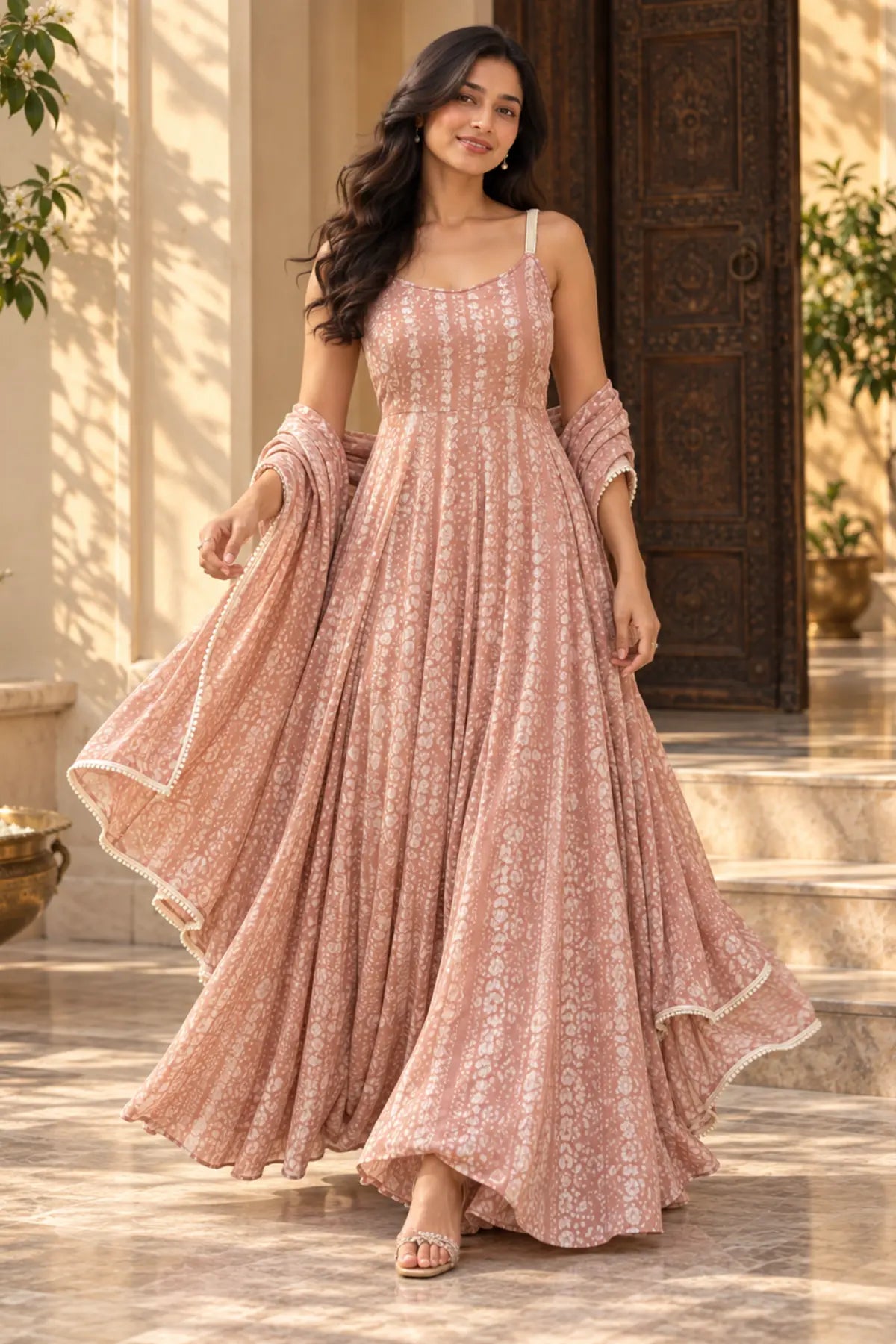 Peach Blossom Batik Anarkali Set – full front styled look | handcrafted batik ethnic wear for women | Shades of You