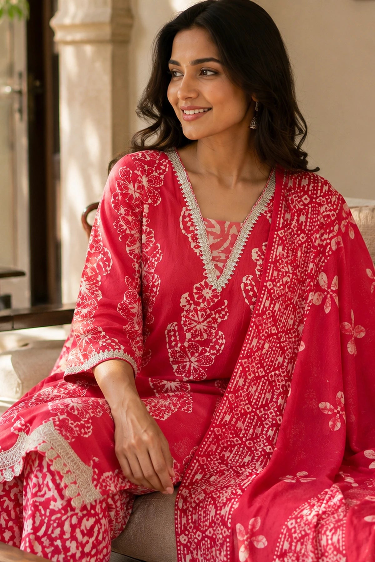 Peach Batik Viscose Kurta Set – portrait closeup | handcrafted batik ethnic wear for women | Shades of You