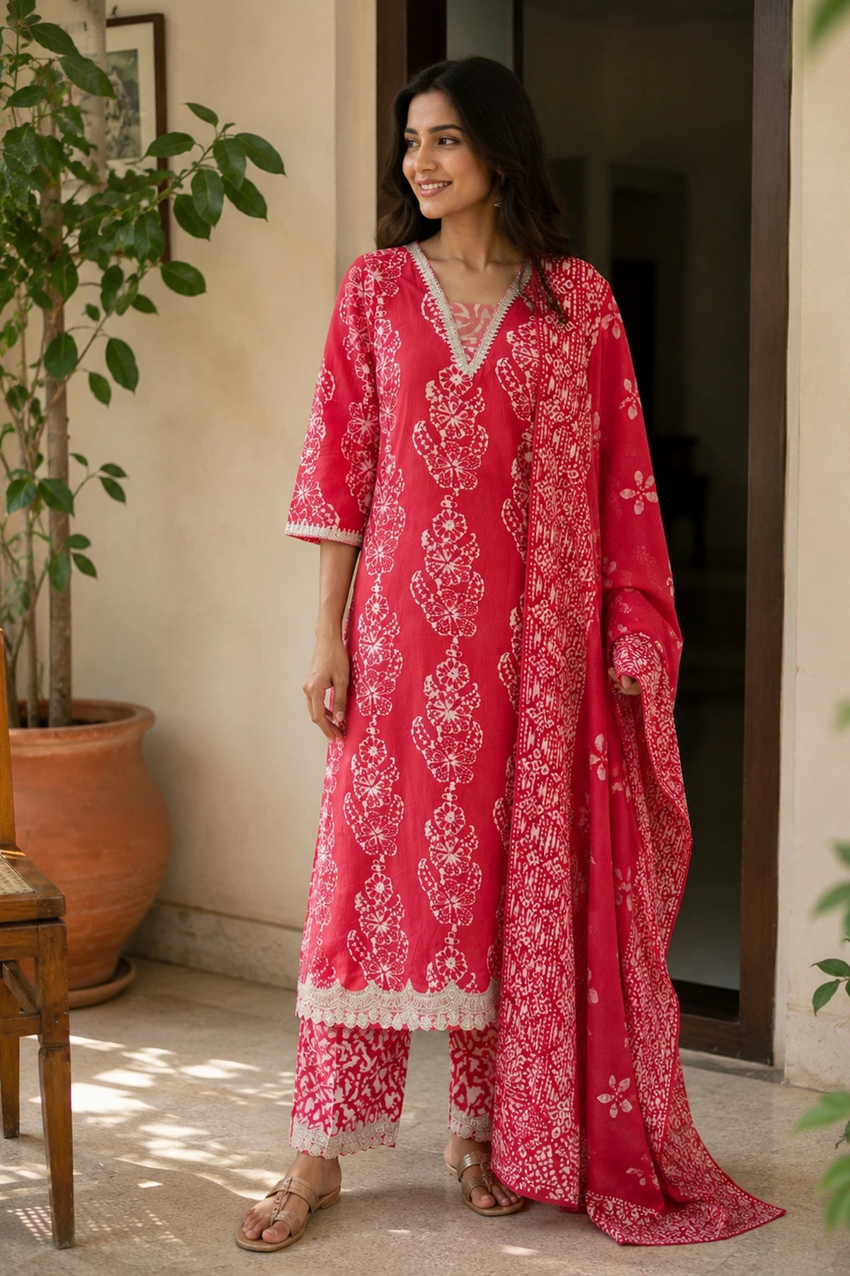 Peach Batik Viscose Kurta Set – styled look | handcrafted batik ethnic wear for women | Shades of You
