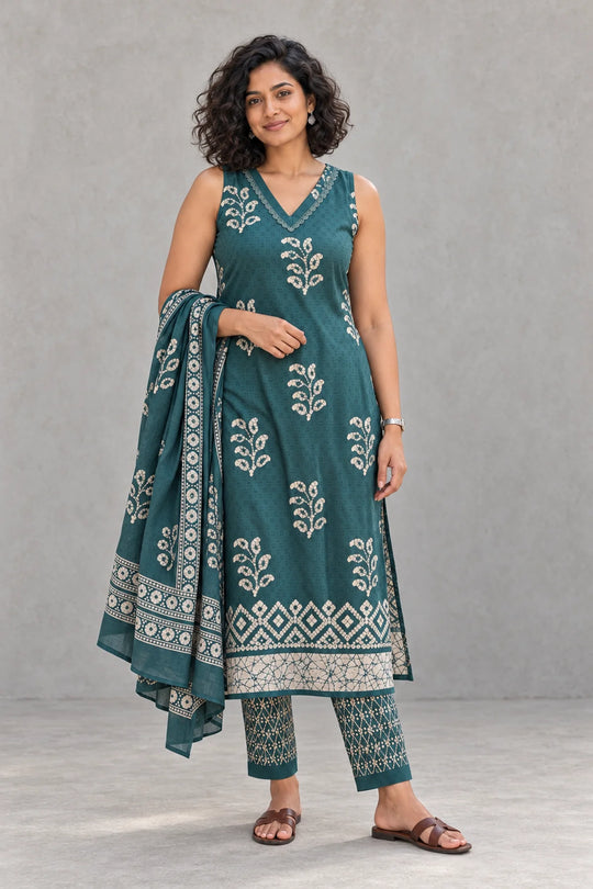 Woman in a rama green sleeveless batik kurta set with lace-edged V-neck, printed pants and dupatta over one arm
