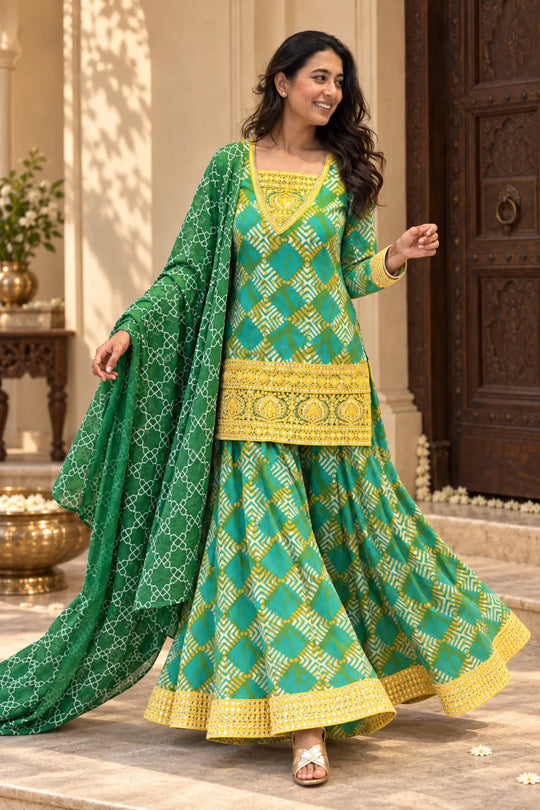 Saanjh Batik Sharara Ensemble - styled look