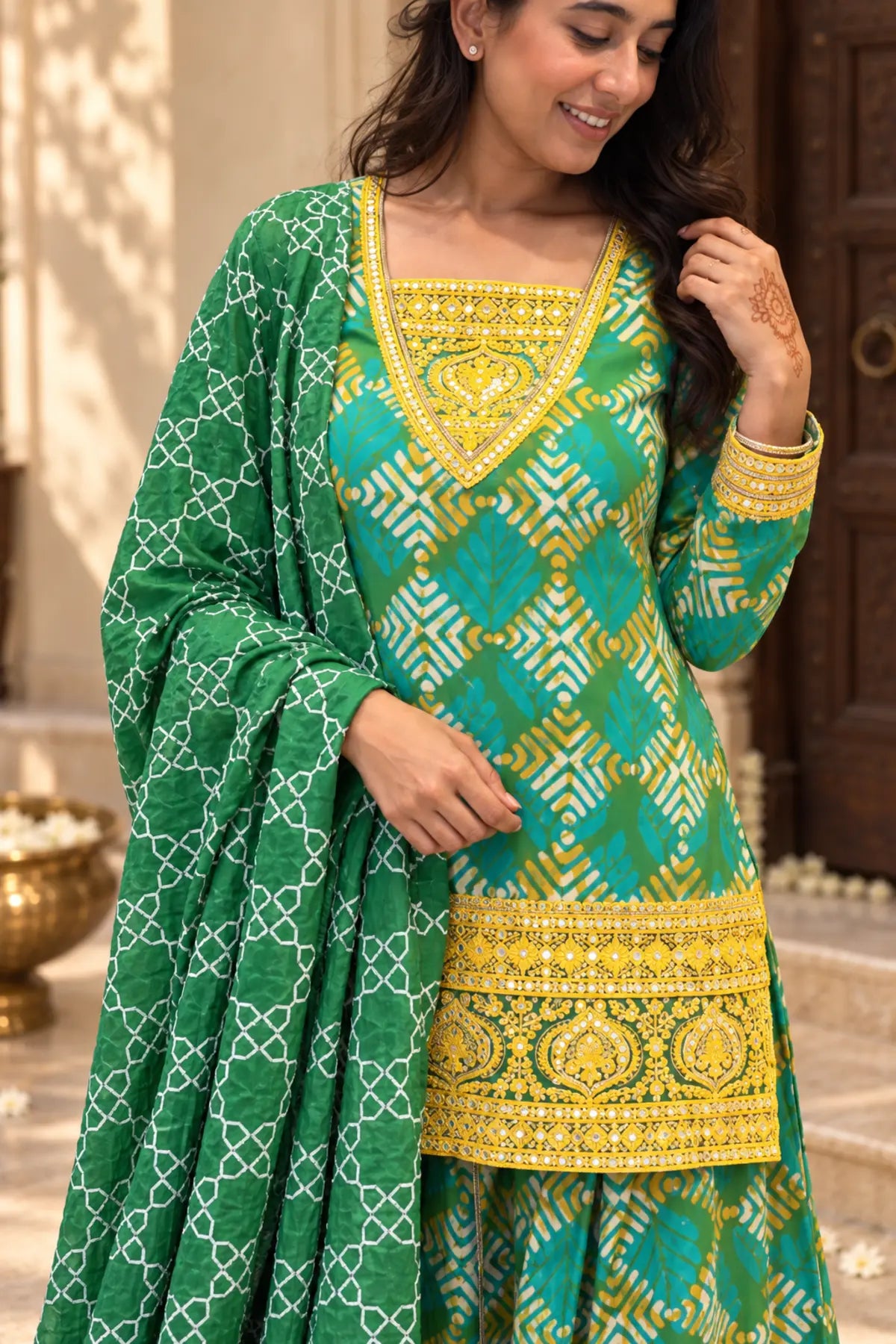 Saanjh Batik Sharara Ensemble - lifestyle shot