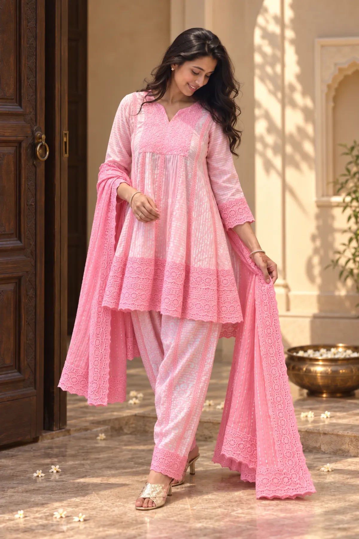 Saanvi Pink Batik Dhoti Set - front view