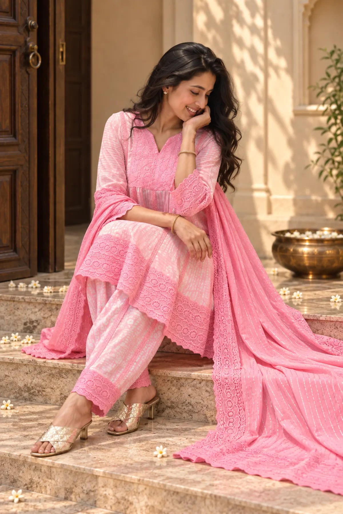 Saanvi Pink Batik Dhoti Set - close-up detail
