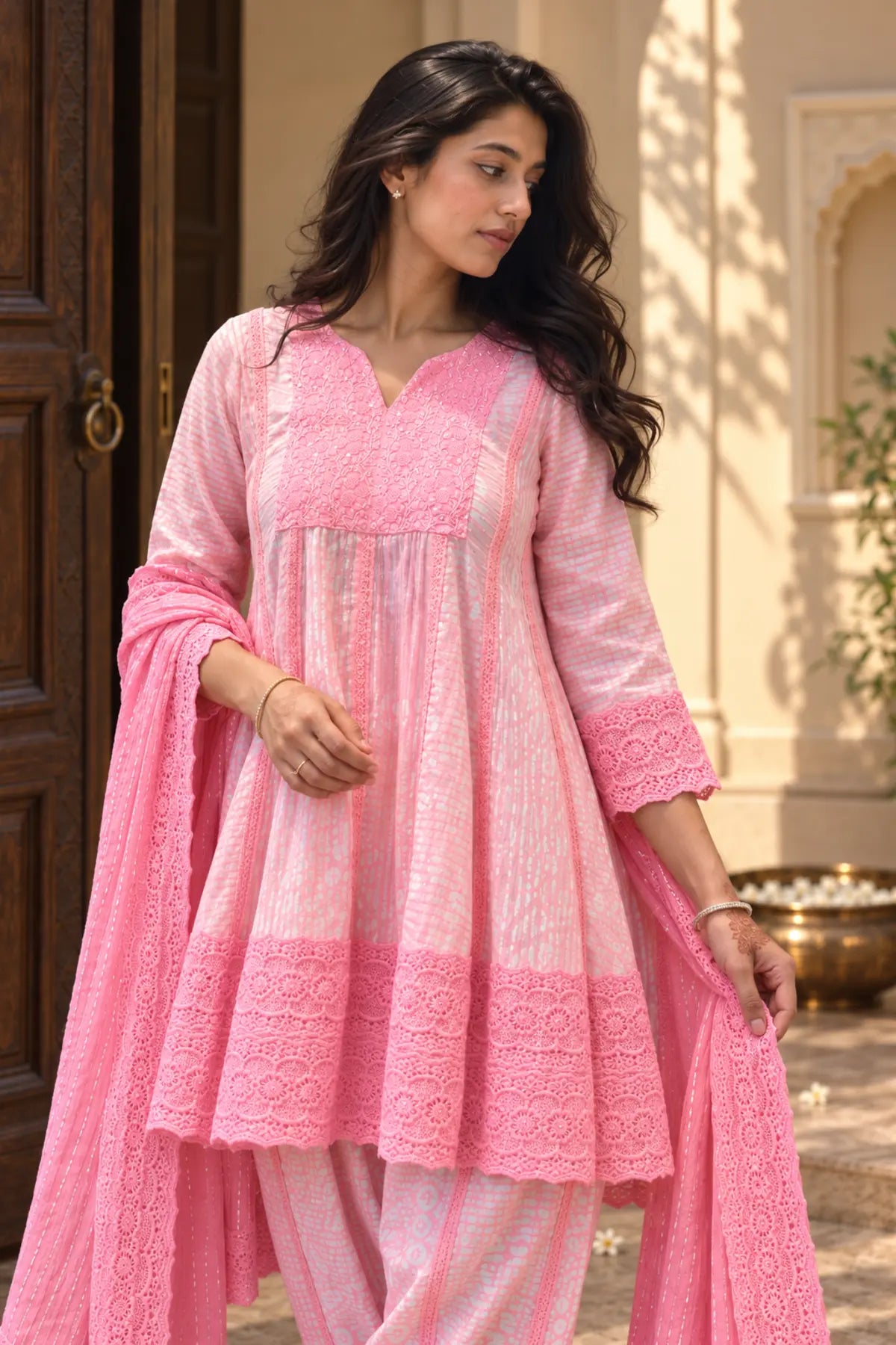 Saanvi Pink Batik Dhoti Set - side view