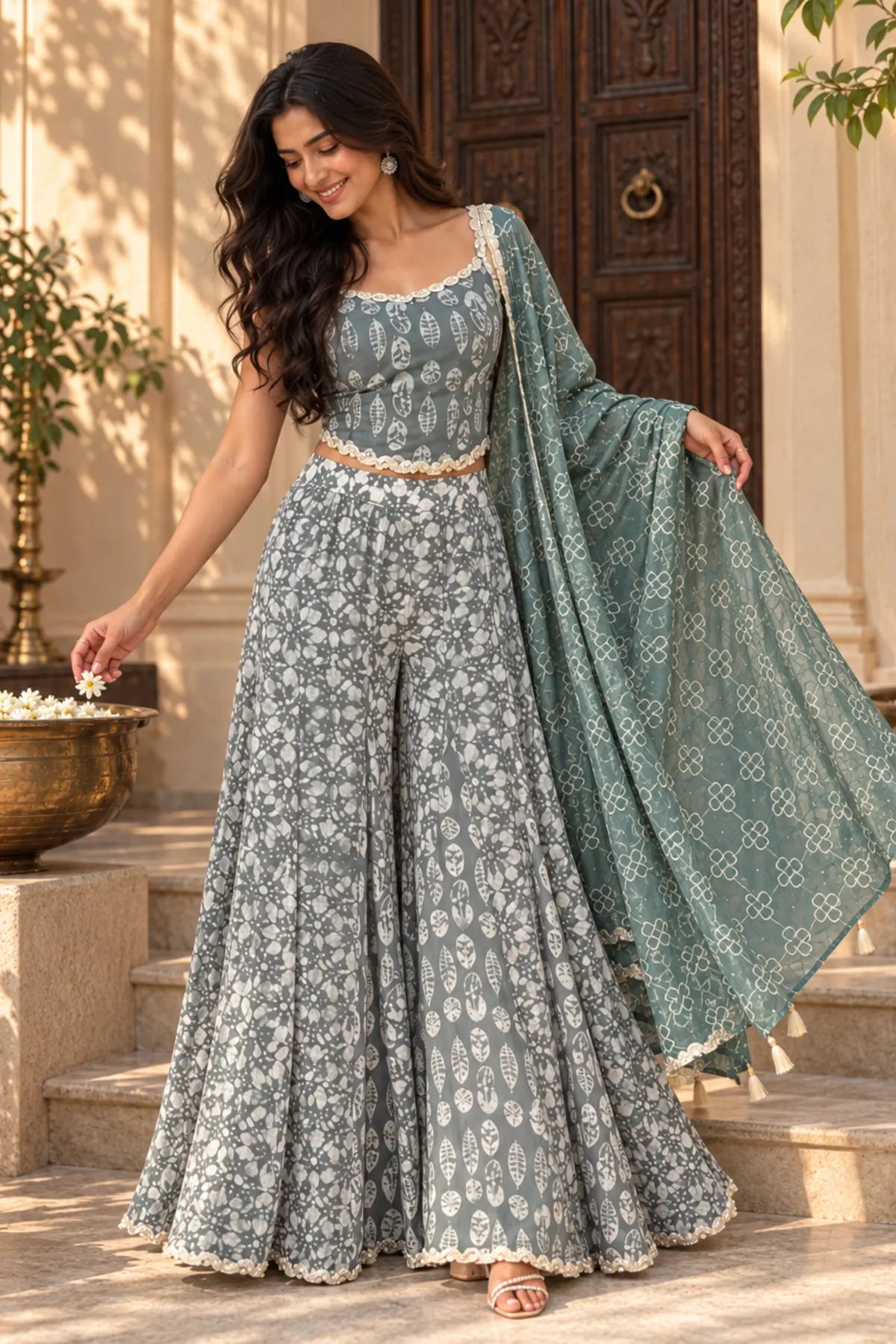 Sage Batik Mirror Gharara Set – front hero view | handcrafted batik ethnic wear for women | Shades of You
