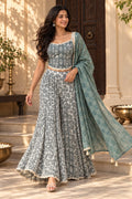 Sage Batik Mirror Gharara Set – movement front walking view | handcrafted batik ethnic wear for women | Shades of You