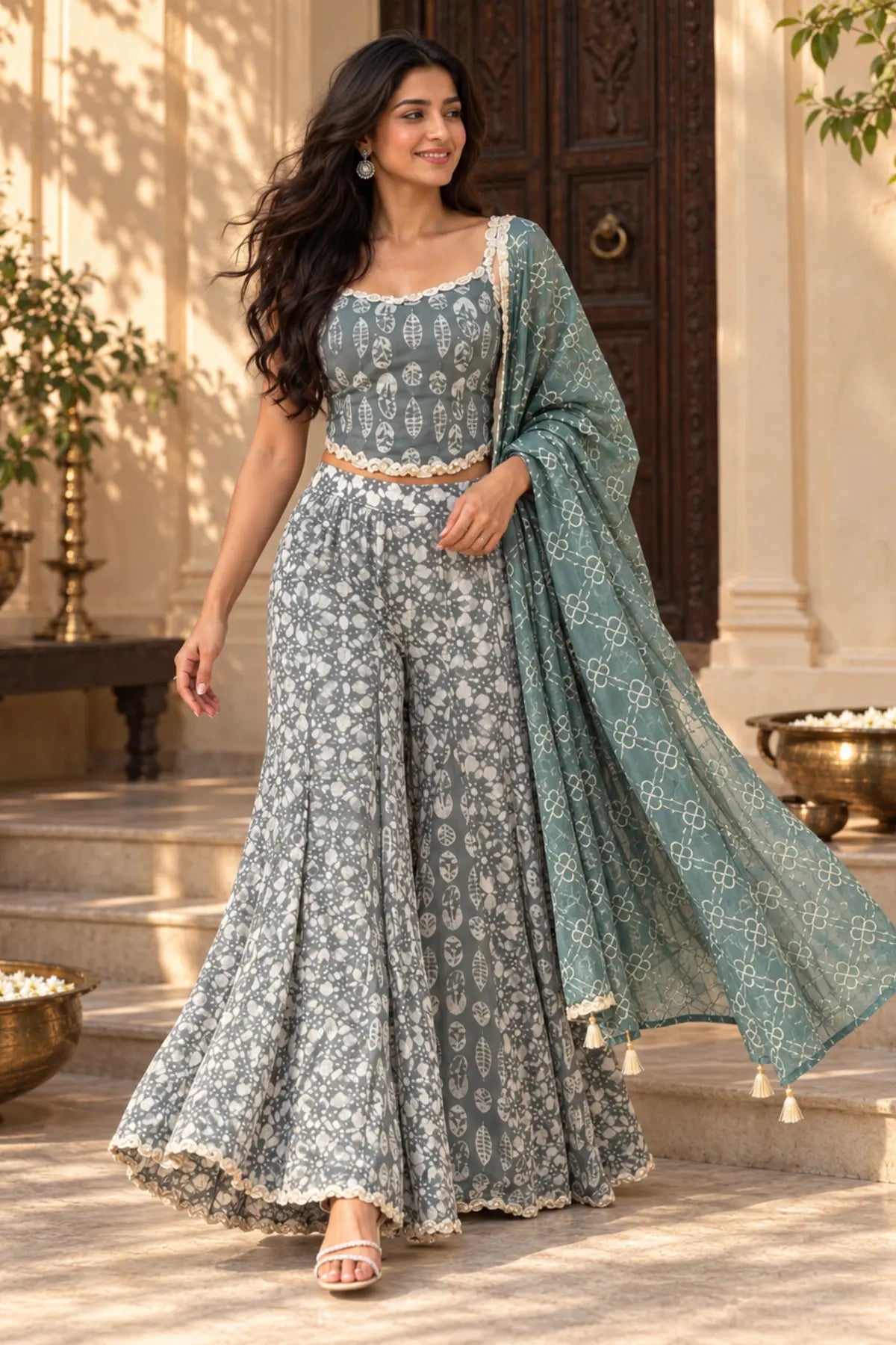 Sage Batik Mirror Gharara Set – movement front walking view | handcrafted batik ethnic wear for women | Shades of You