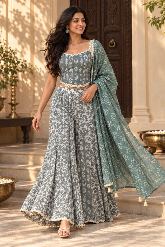 Sage Batik Mirror Gharara Set – movement front walking view | handcrafted batik ethnic wear for women | Shades of You