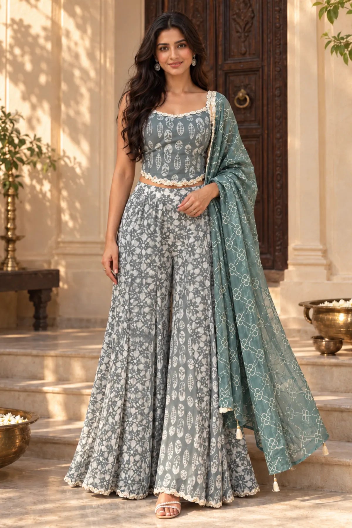 Sage Batik Mirror Gharara Set – full front standing look | handcrafted batik ethnic wear for women | Shades of You