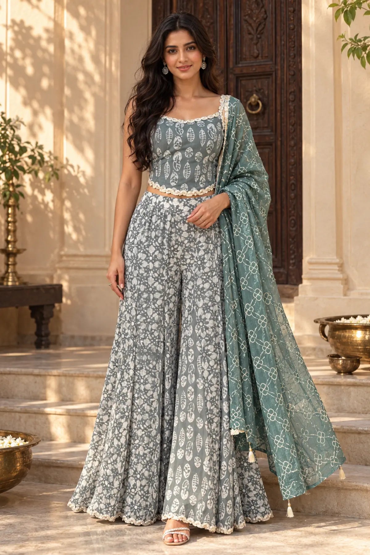 Sage Batik Mirror Gharara Set – fabric swatch detail | handcrafted batik ethnic wear for women | Shades of You