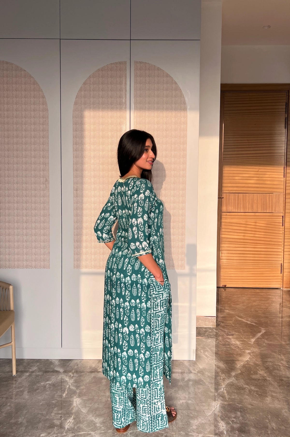 The Olive Leaf Batik Suit Set – back view | handcrafted batik ethnic wear for women | Shades of You