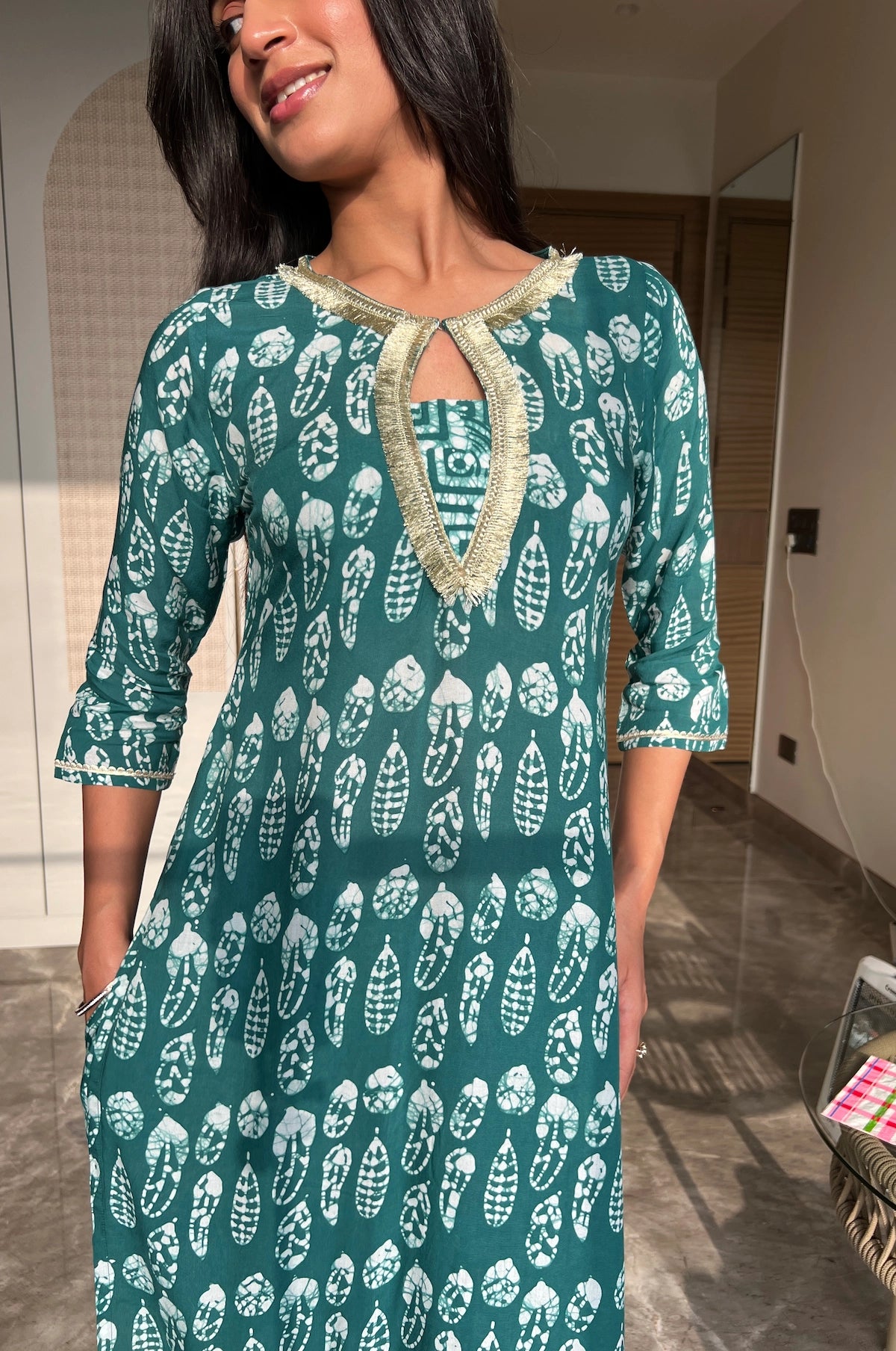 The Olive Leaf Batik Suit Set – side view | handcrafted batik ethnic wear for women | Shades of You