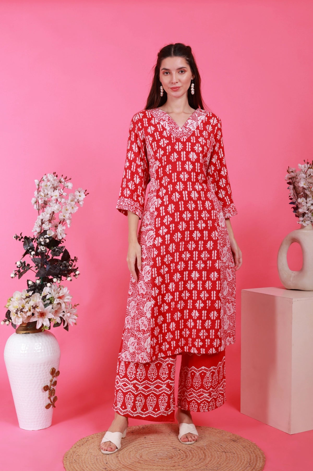 Batik Crimson Co-Ord Set – front view | handcrafted batik ethnic wear for women | Shades of You