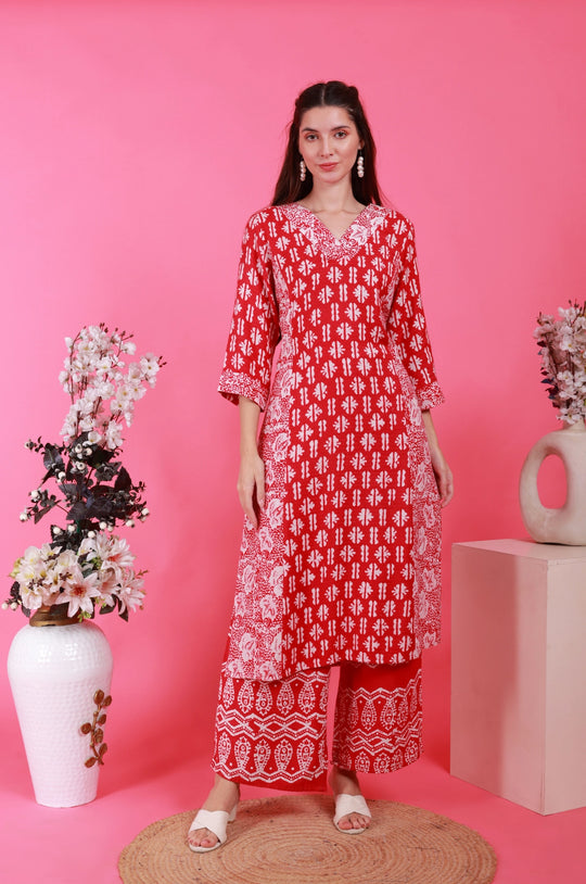 Batik Crimson Co-Ord Set – front view | handcrafted batik ethnic wear for women | Shades of You