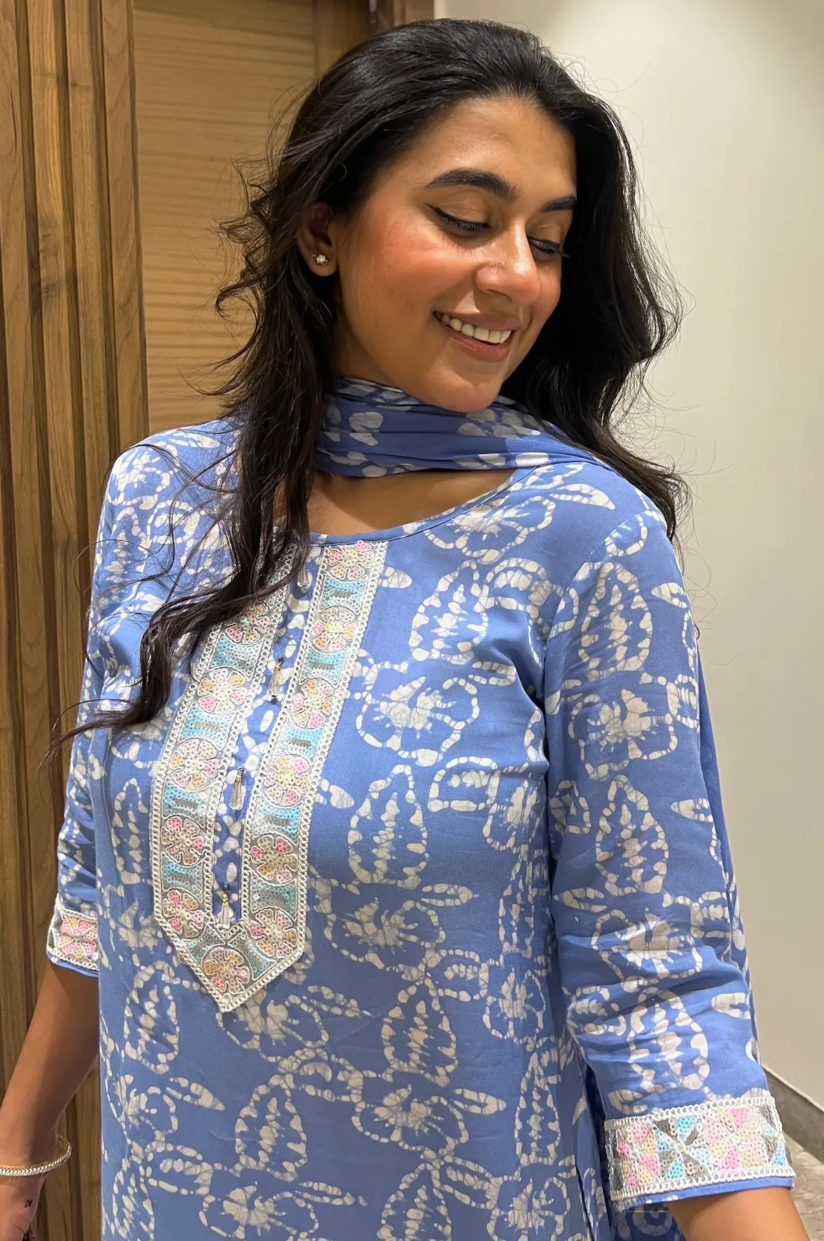 Blue Frost Batik Suit Set – detail shot | handcrafted batik ethnic wear for women | Shades of You