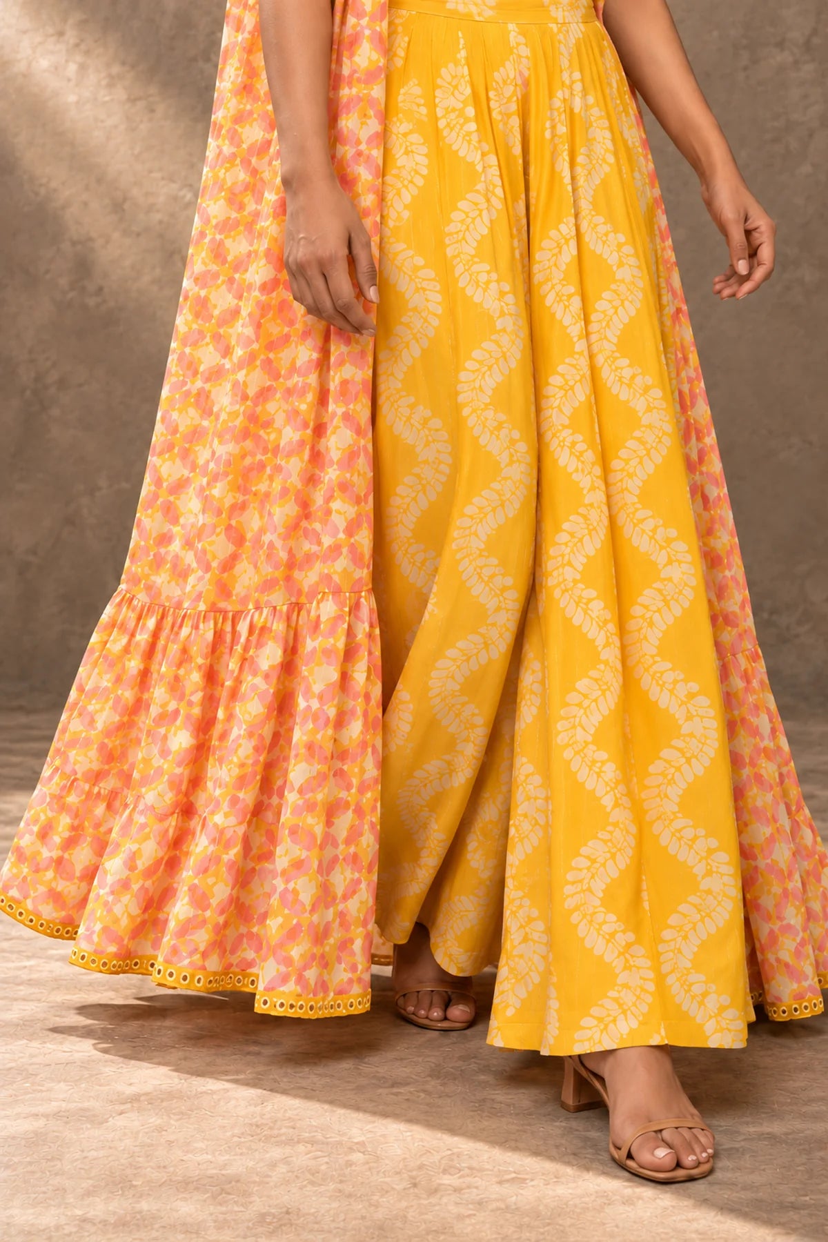 Kesar Saffron Batik Cape & Palazzo Set – pleated yellow palazzos with leaf vine batik print | Handcrafted batik | Shades of You