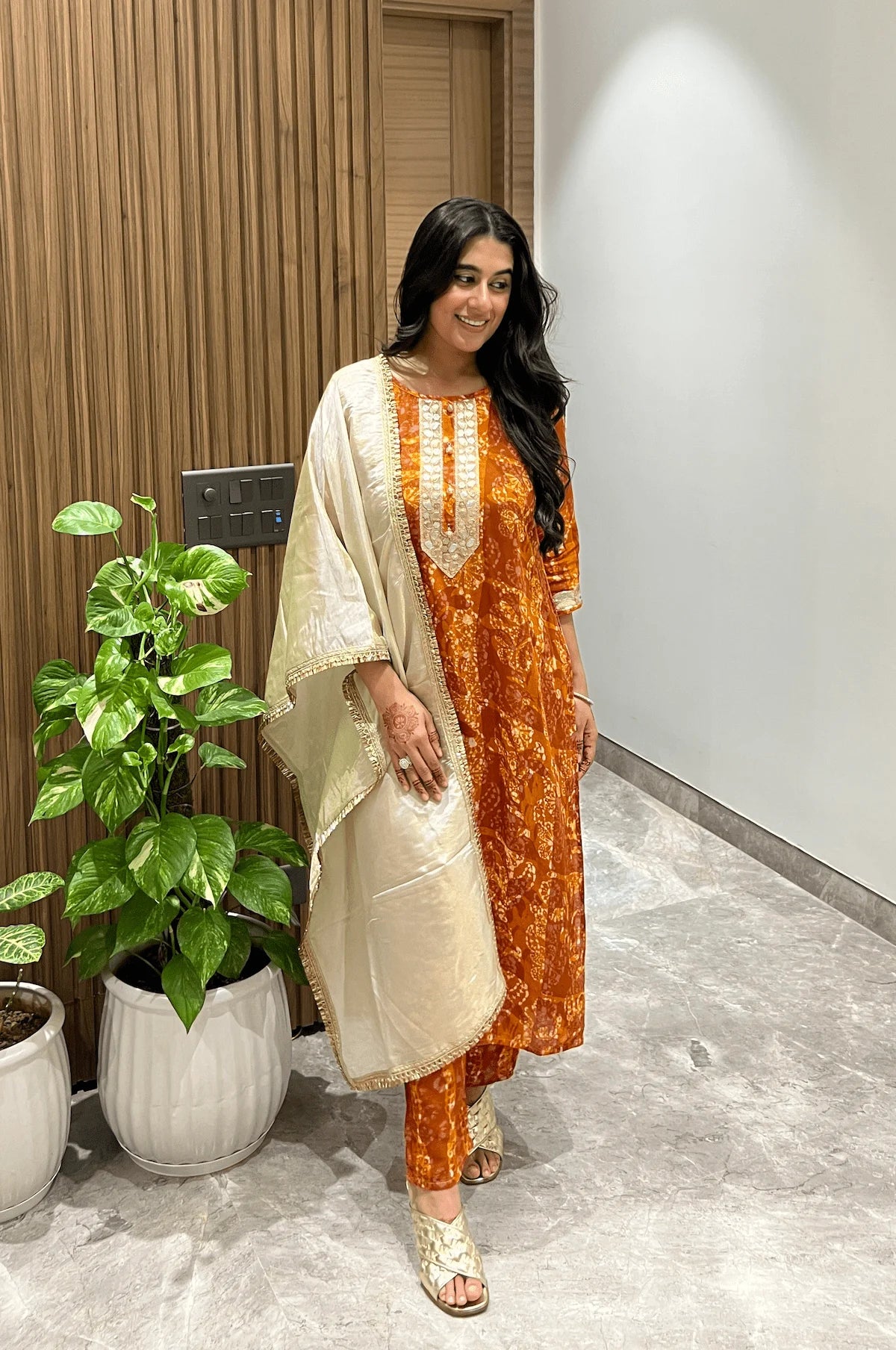 Autumn Glow Batik Suit Set – side view | handcrafted batik ethnic wear for women | Shades of You