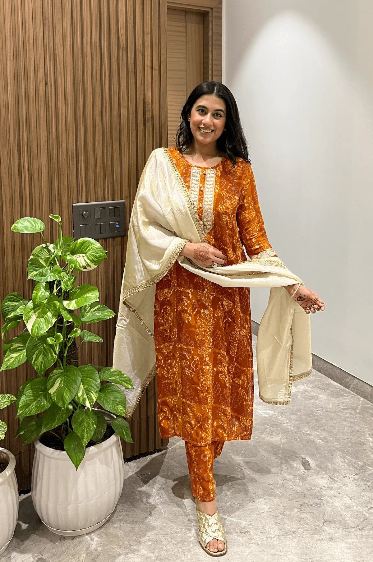 Autumn Glow Batik Suit Set – front view | handcrafted batik ethnic wear for women | Shades of You
