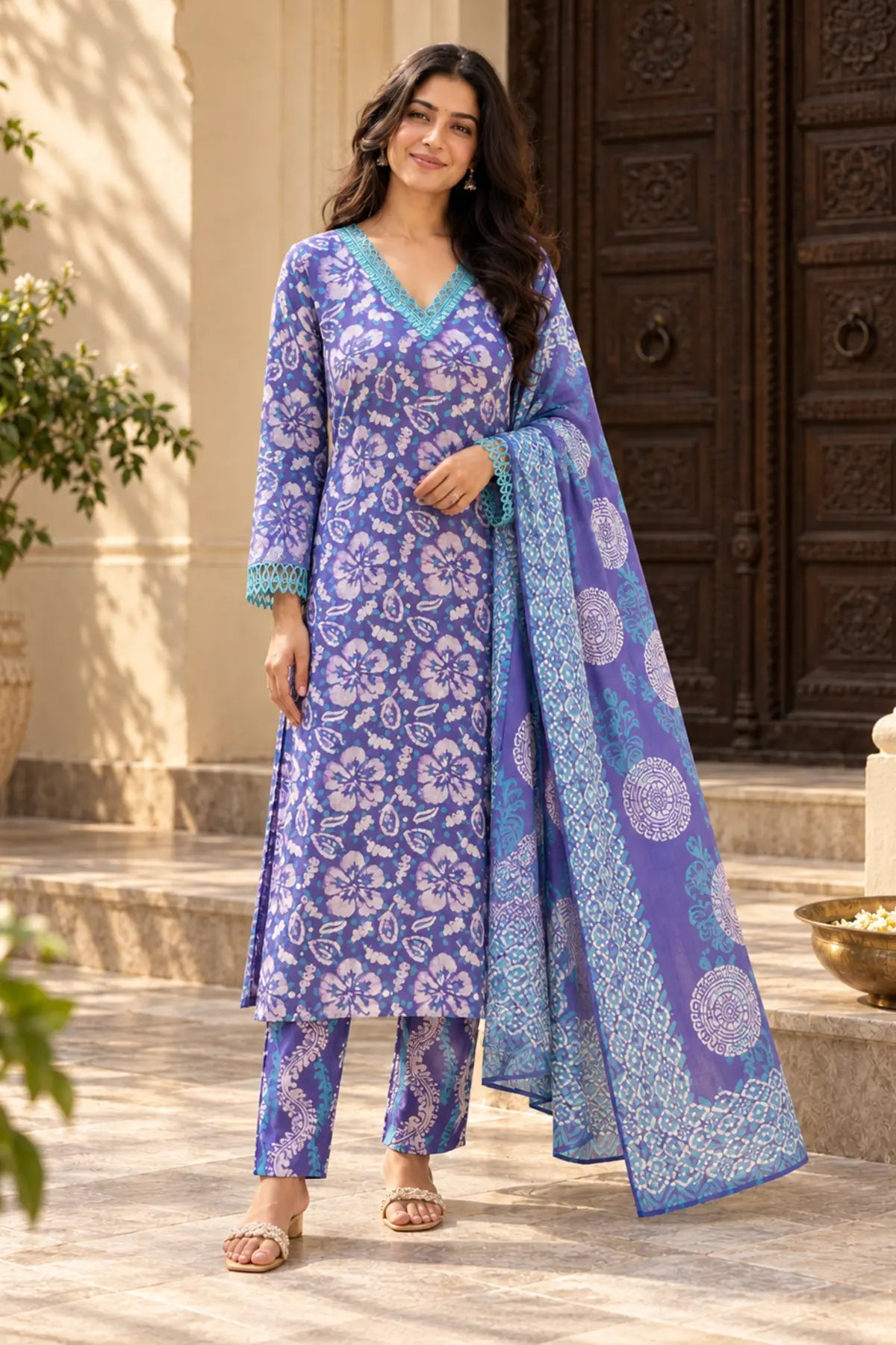 Violet Garden Batik Suit Set – front hero view | handcrafted batik ethnic wear for women | Shades of You
