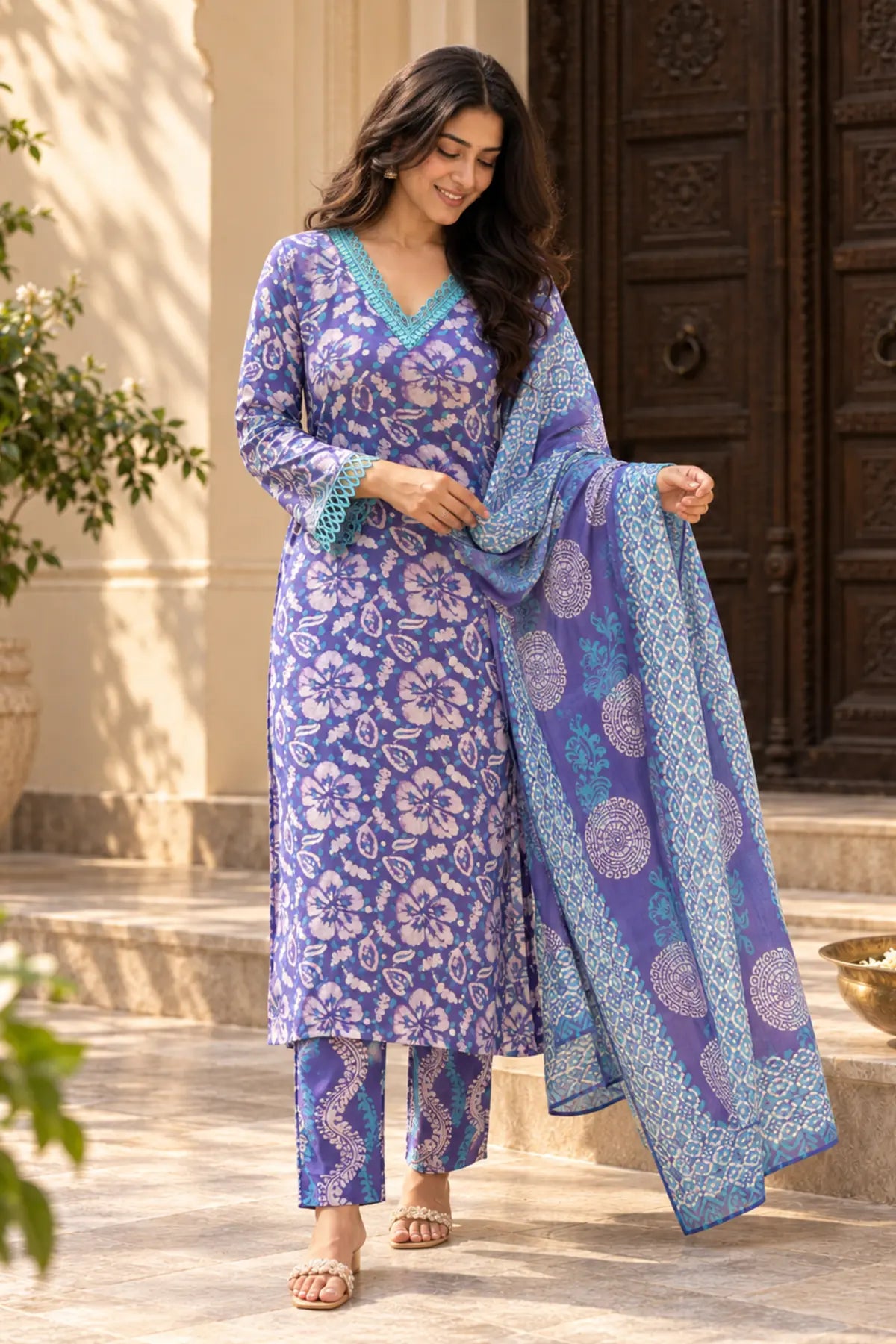 Violet Garden Batik Suit Set – movement walking view | handcrafted batik ethnic wear for women | Shades of You