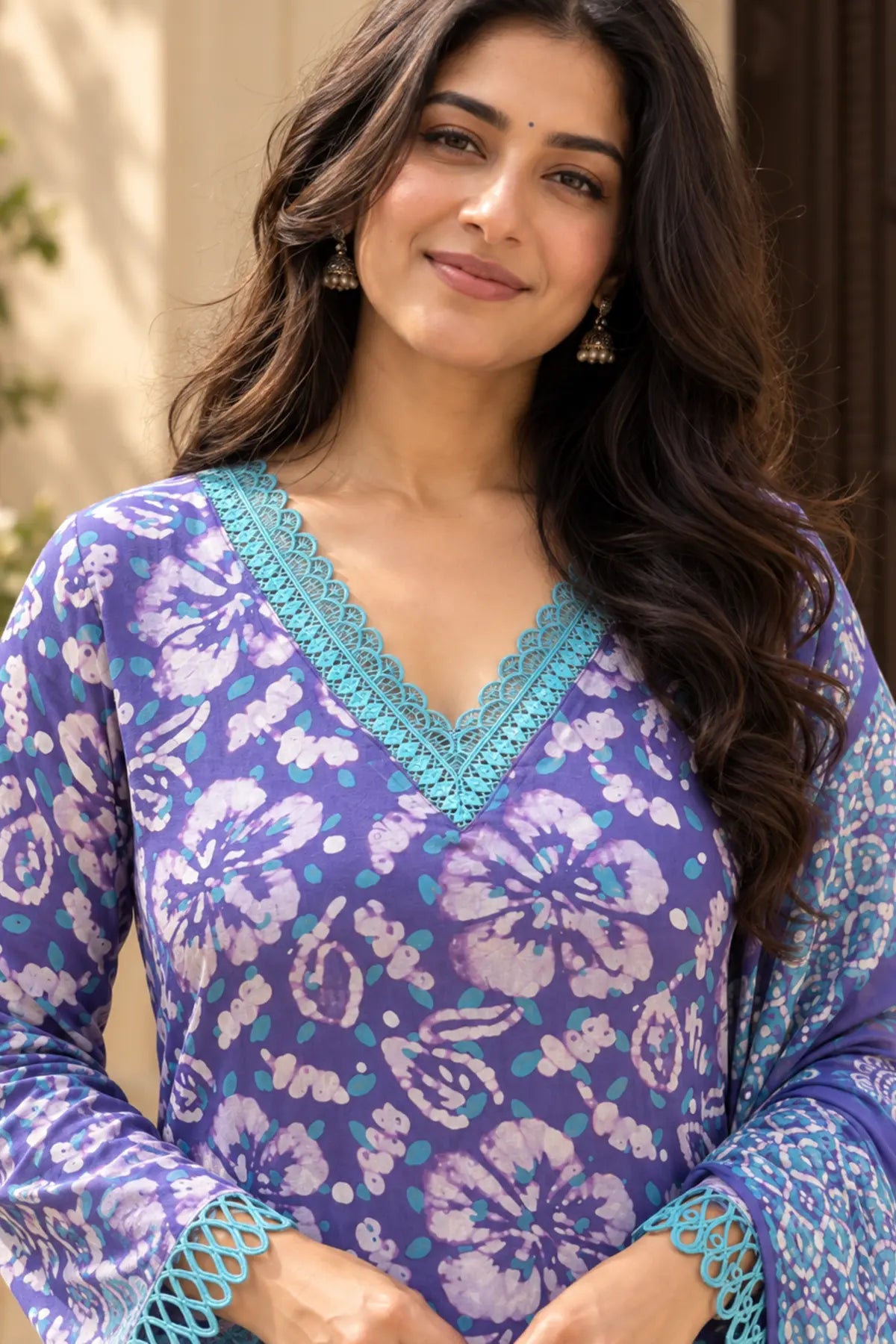 Violet Garden Batik Suit Set – portrait closeup | handcrafted batik ethnic wear for women | Shades of You