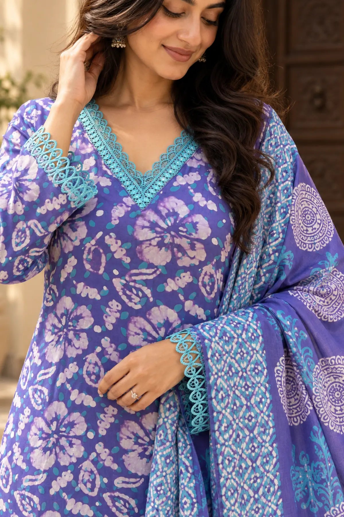 Violet Garden Batik Suit Set – neckline embroidery detail | handcrafted batik ethnic wear for women | Shades of You