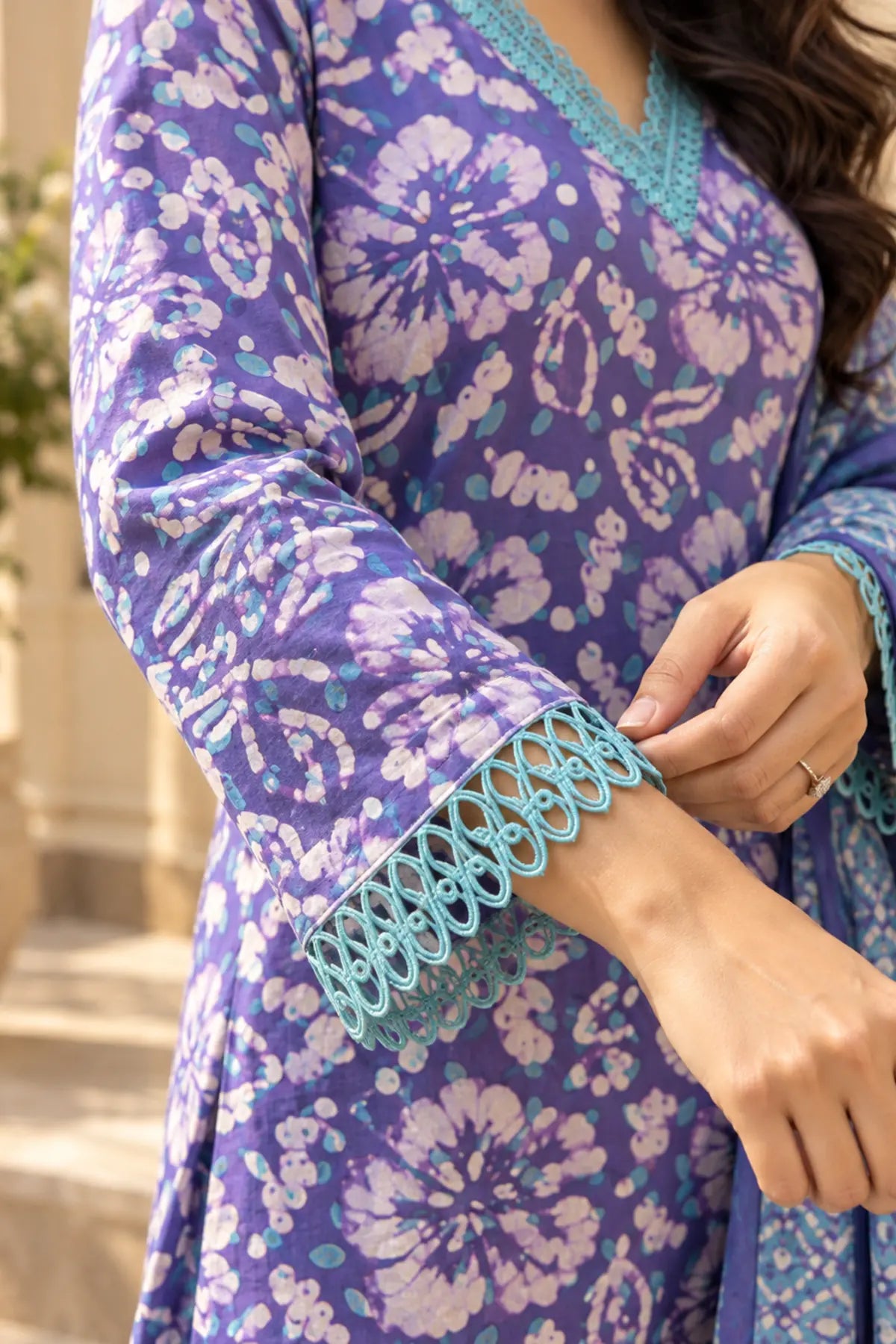 Violet Garden Batik Suit Set – sleeve cuff lace detail | handcrafted batik ethnic wear for women | Shades of You