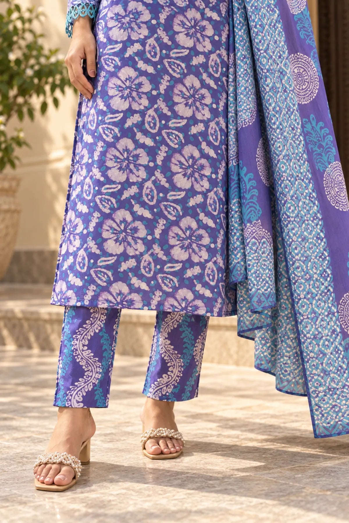 Violet Garden Batik Suit Set – hem and dupatta drape detail | handcrafted batik ethnic wear for women | Shades of You